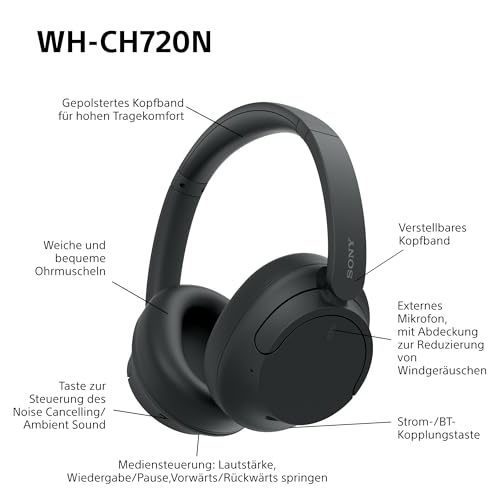 Sony WH-CH720N Kabellose Bluetooth-Kopfhörer mit Noise Cancelling, Schwarz