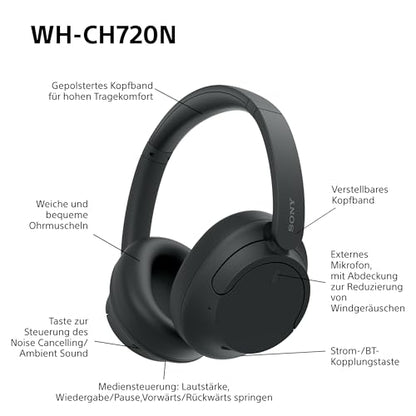 Sony WH-CH720N Kabellose Bluetooth-Kopfhörer mit Noise Cancelling, Schwarz