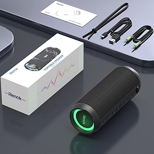 RIENOK Kabelloser Bluetooth-Lautsprecher mit Bass & Licht, IPX7 Wasserdicht