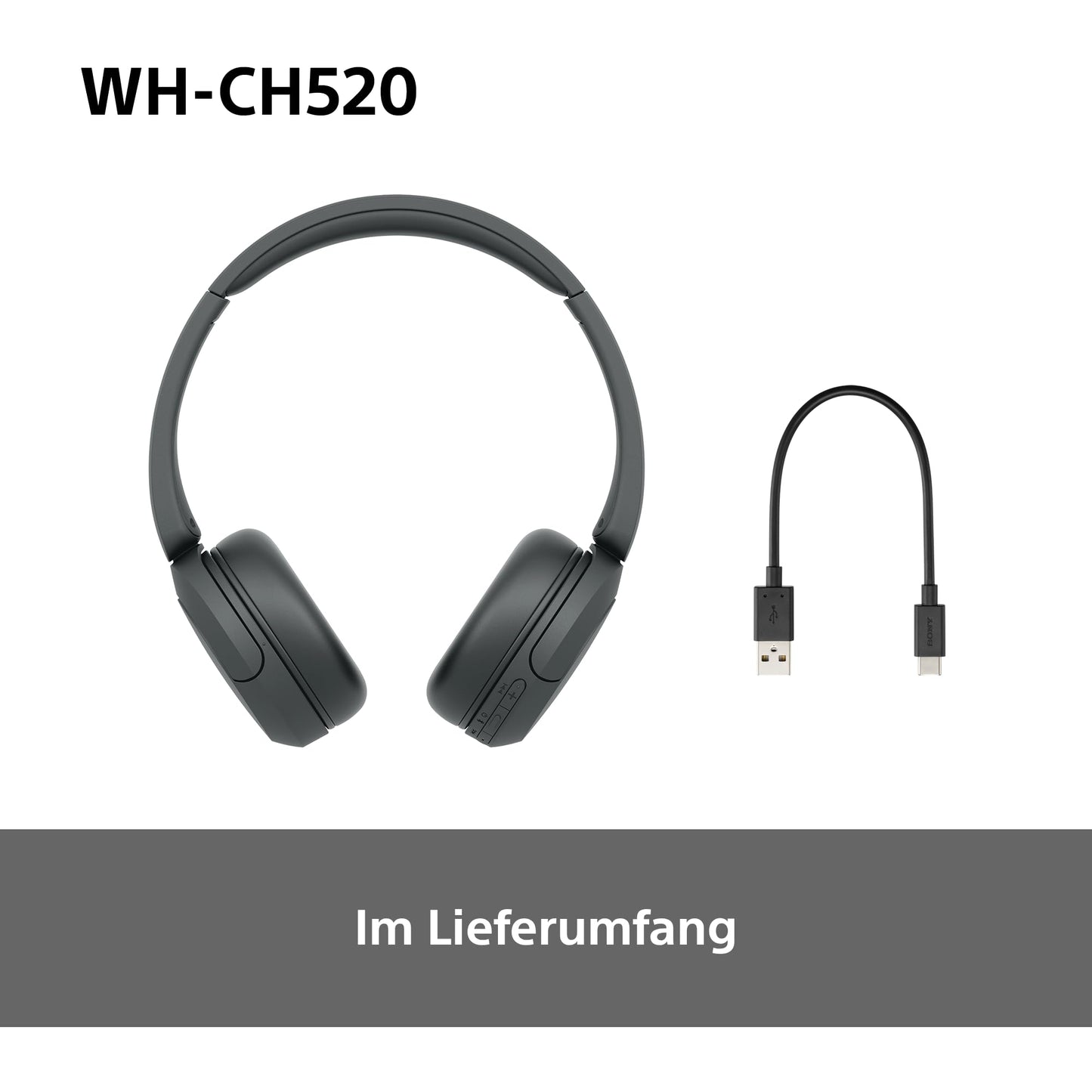 Sony WH-CH520 Kabellose Bluetooth On-Ear-Kopfhörer, 50h Akkulaufzeit, Schwarz