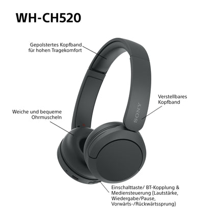 Sony WH-CH520 Kabellose Bluetooth On-Ear-Kopfhörer, 50h Akkulaufzeit, Schwarz