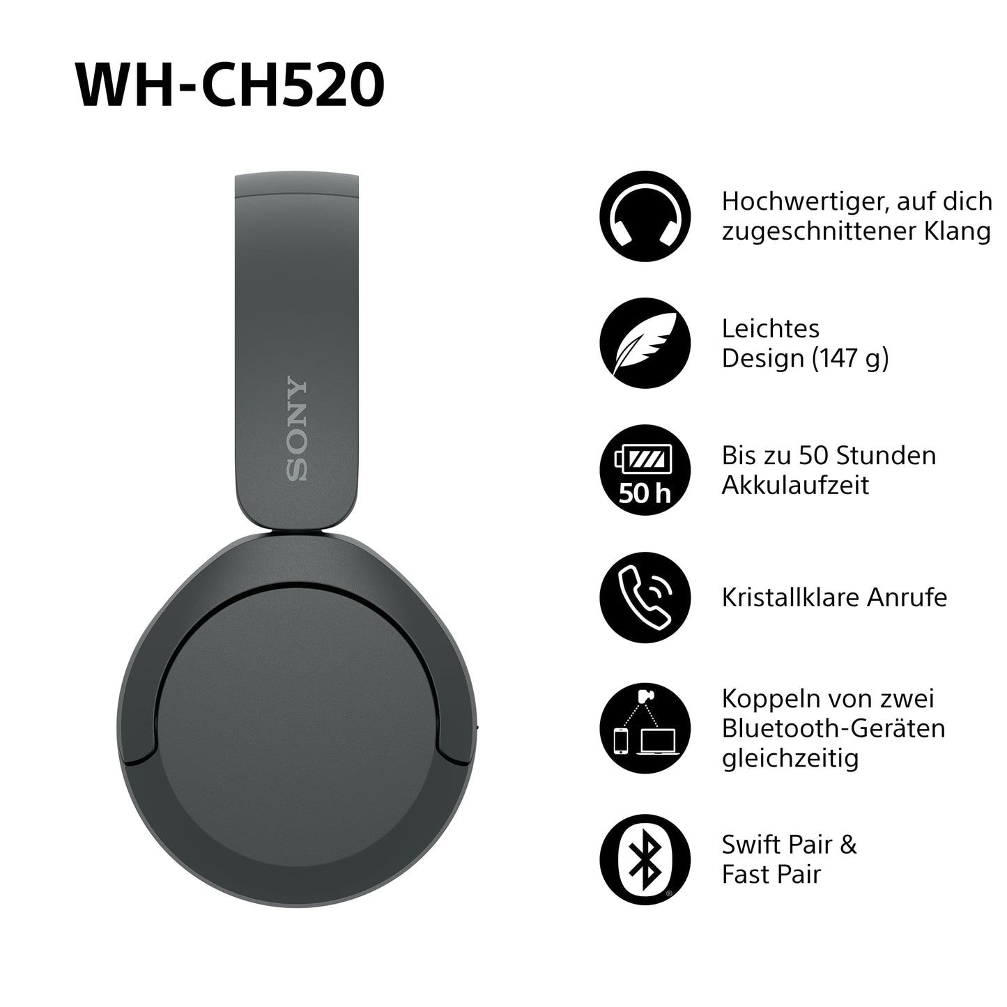 Sony WH-CH520 Kabellose Bluetooth On-Ear-Kopfhörer, 50h Akkulaufzeit, Schwarz