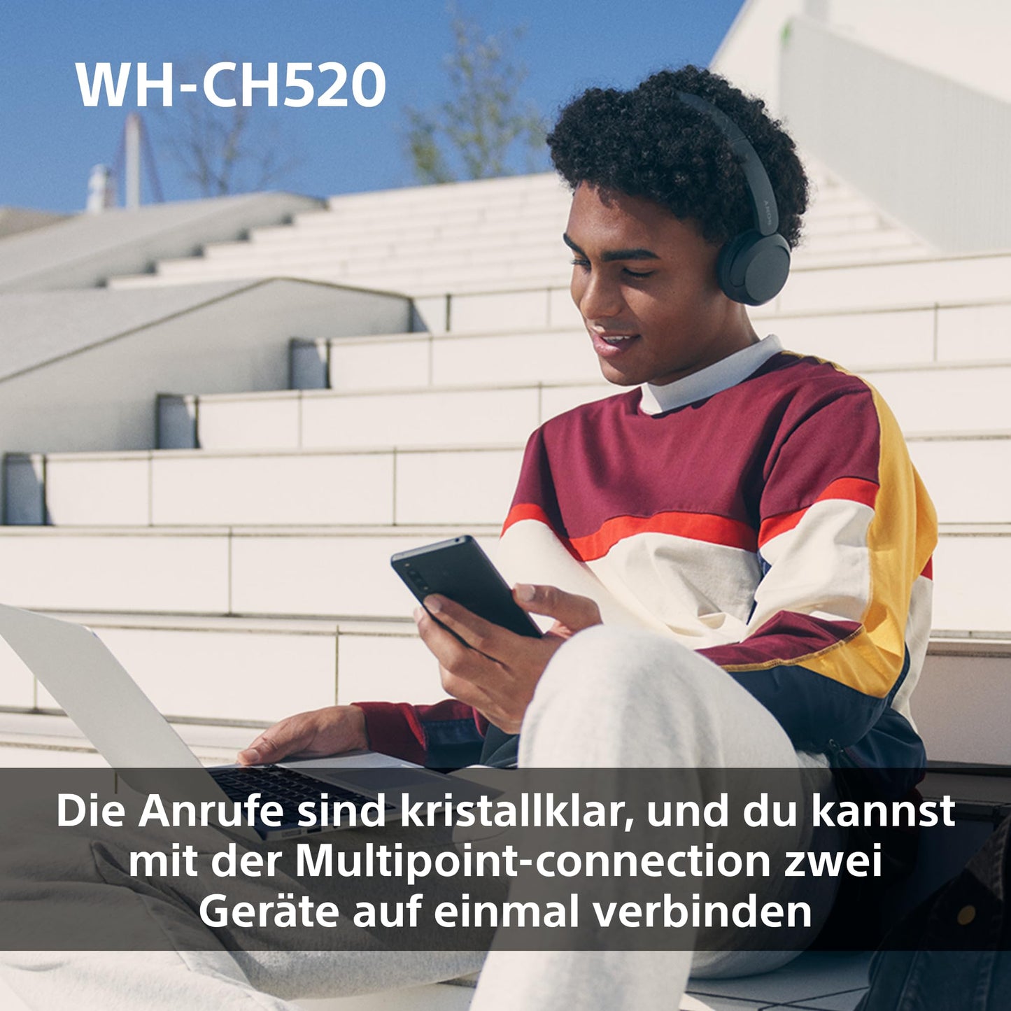 Sony WH-CH520 Kabellose Bluetooth On-Ear-Kopfhörer, 50h Akkulaufzeit, Schwarz